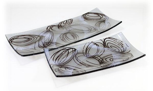 BDK-GLASS Šedá skleněná mísa s černým dekorem elipsy Rozměr: 40x17cm
