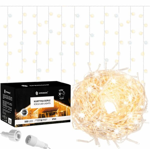 LED světelný závěs Rampouchy - 24m, 500LED, časovač, IP44, duální bílá + záblesky