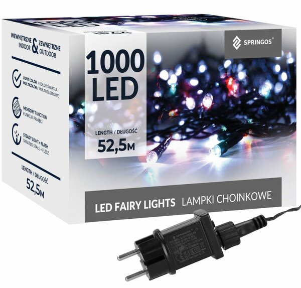 LED světelný řetěz - 52,5m, 1000LED, 8 funkcí, paměť, IP44, multicolor