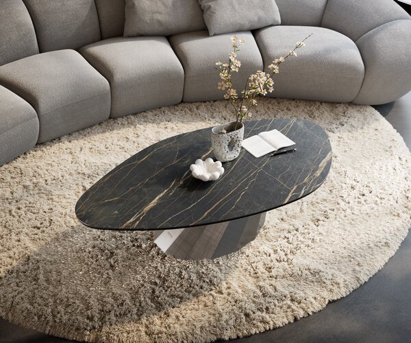 DELIFE Konferenční stolek Edge organický 140x76 cm keramika Laminam® Noir Desir hnědá Parabi metalická stříbrná