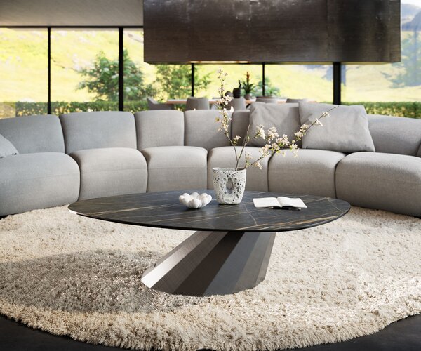 DELIFE Konferenční stolek Edge organický 140x76 cm keramika Laminam® Noir Desir hnědá Parabi metalická stříbrná