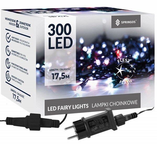 LED světelný řetěz - 17,5m, 300LED, IP44, multicolor + záblesky