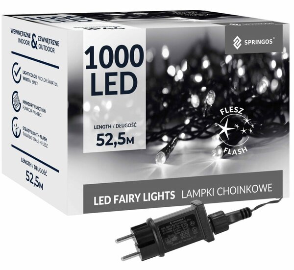 LED světelný řetěz - 52,5m, 1000LED, IP44, studená bílá + záblesky