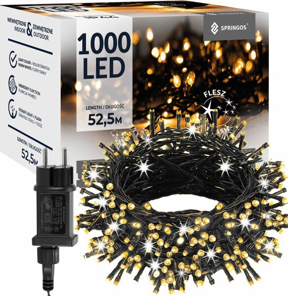 LED světelný řetěz - 52,5m, 1000LED, IP44, teplá bílá + záblesky