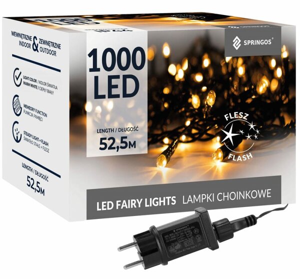 LED světelný řetěz - 52,5m, 1000LED, IP44, teplá bílá + záblesky