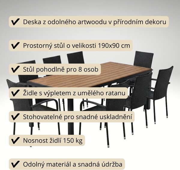 Vikio Zahradní set 190x90 pro 8 osob přírodní DT278-190P2