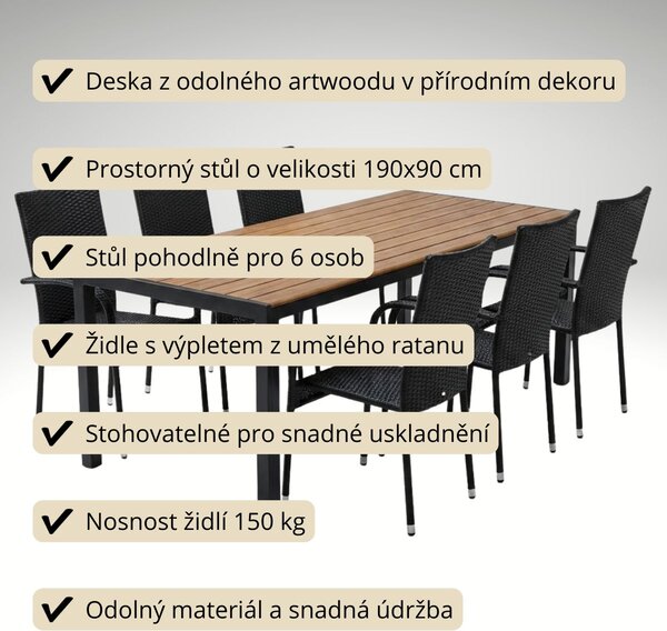 Vikio Zahradní set 190x90 pro 6 osob přírodní DT254-190P2