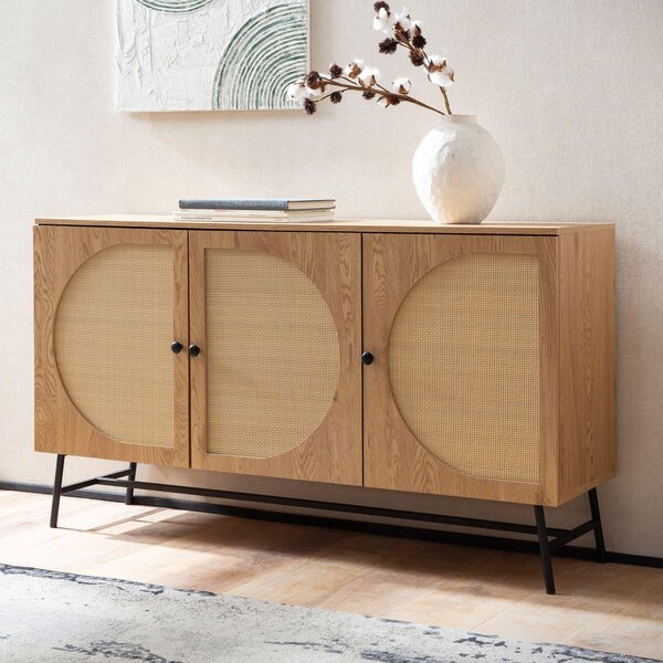 FineBuy Sideboard 140x80x39 cm Komoda v dubovém dekoru s ratanovým proutním Moderní vysoká komoda Stojací skí se 3 dvíky Prchozí skí Obývací pokoj
