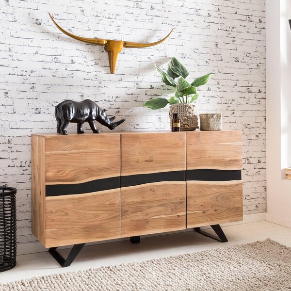 FineBuy Píborník z akáciového masivu 150 cm se 3 dvíky- Masivní retro komoda s hranou ze stromu - Designový pírodní píborník - Runí výroba Industrial
