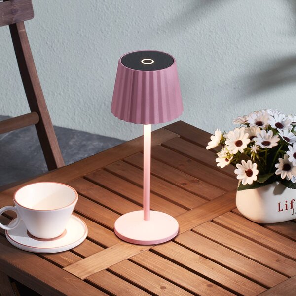Lindby LED stolní lampa na baterie Esali, růžová, kov, IP54, stmívatelný, Fialová / růžová / barva růže, Obývací pokoj / jídelna, Hliník, Moderní
