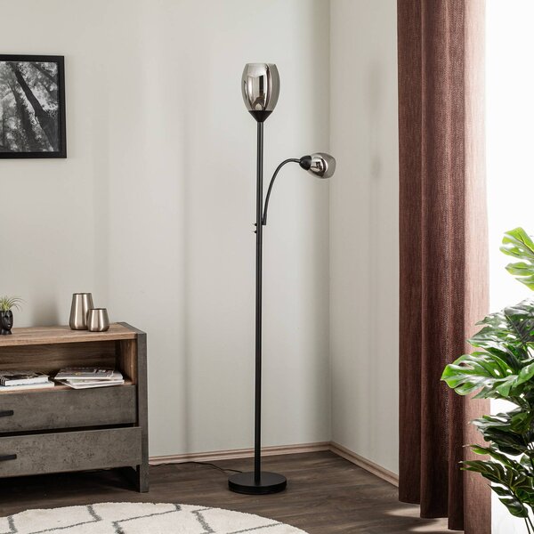 Lindby Stojací lampa Irmino se stínidly z kouřového skla, Černá, Obývací pokoj / jídelna, kov, Moderní