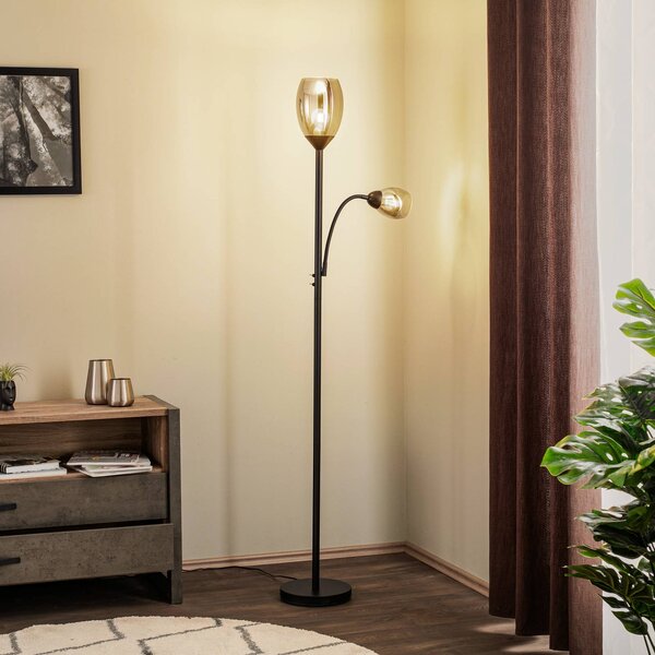 Lindby Stojací lampa Irmino se stínidly z kouřového skla, Černá, Obývací pokoj / jídelna, kov, Moderní