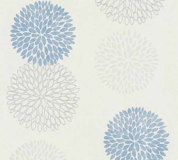 A.S. Création | Vliesová tapeta na zeď Blooming 37264-2 | 0,53 x 10,05 m | bílá, modrá, metalická