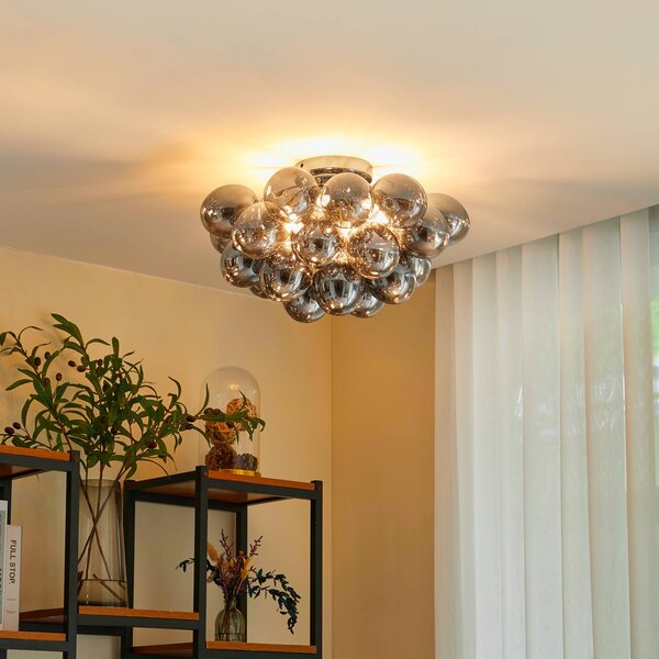 Lucande stropní světlo Diborah, kouřově šedé, sklo, Ø 50 cm, G9, stmívatelný, Hliník / šedá / zinek, Obývací pokoj / jídelna, Sklo, Design