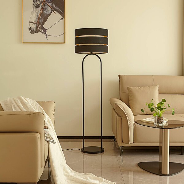 Lindby Stojací lampa Tsomo, Ø 40 cm, černá, tkanina, E27, Černá, Obývací pokoj / jídelna, Textil / tkanina / hedvábí, Skandinávský
