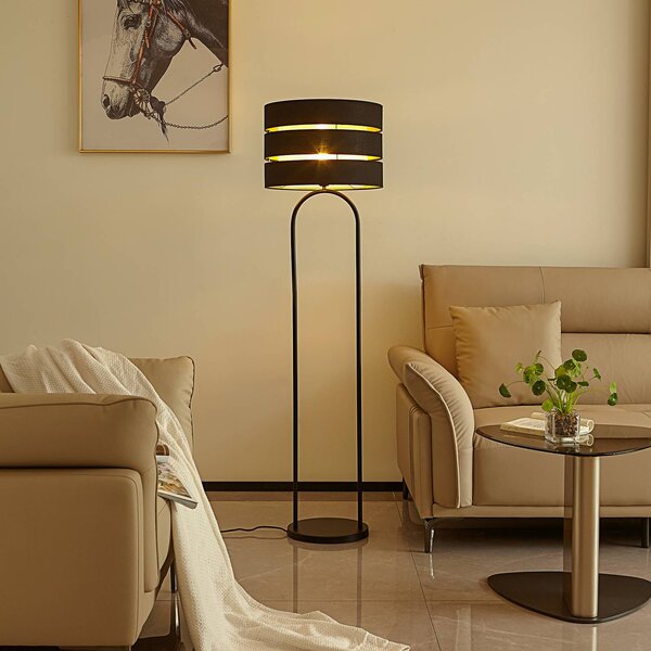 Lindby Stojací lampa Tsomo, Ø 40 cm, černá, tkanina, E27, Černá, Obývací pokoj / jídelna, Textil / tkanina / hedvábí, Skandinávský