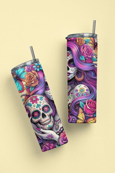 Sugar Skull Zara | nerezový termohrnek 600ml s kovovým brčkem