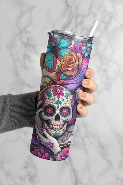 Sugar Skull Zara | nerezový termohrnek 600ml s kovovým brčkem