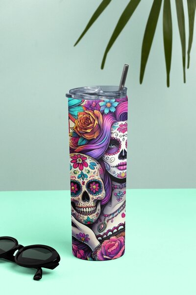 Sugar Skull Zara | nerezový termohrnek 600ml s kovovým brčkem