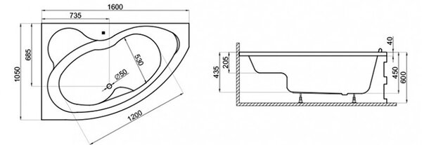 Polimat Akrylátová asymetrická vana Mega 160x105 L(R) AS Barva: Bílá, Orientace: Levá