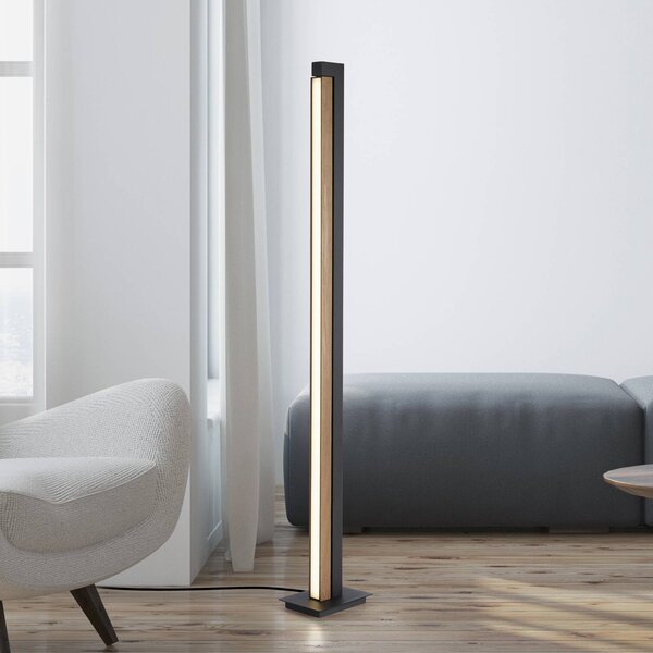 PURE LED stojací lampa Lines, černá, dřevo, dálkové ovládání, 140 cm, stmívatelný, Světlé dřevo, Obývací pokoj / jídelna, Dřevo