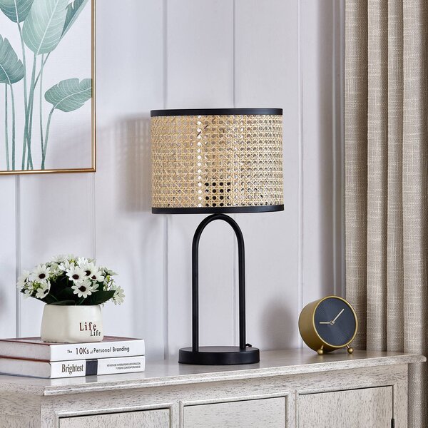 Lindby Stolní lampa Yaelle, výška 50 cm, ratan, černá, E27, Světlé dřevo, Obývací pokoj / jídelna, Dřevo, Skandinávský