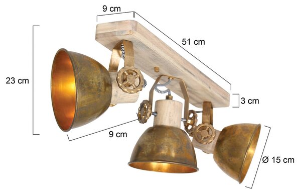 Steinhauer Stropní bodovka Gearwood, 3 zdroje bronz, stmívatelný, Světlé dřevo, Obývací pokoj / jídelna, Dřevo, Vintage