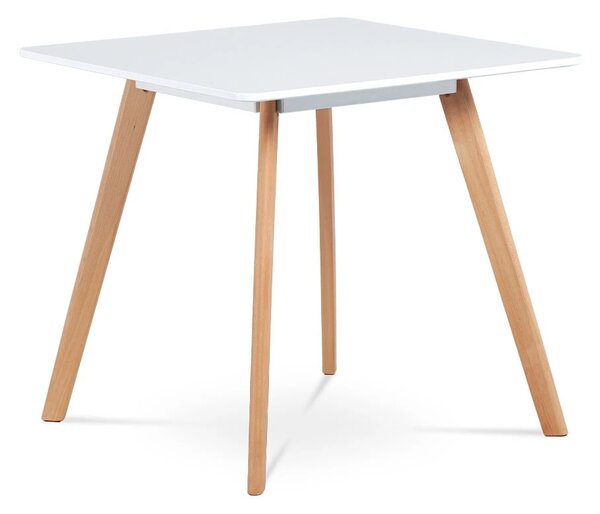 Jídelní stůl 80x80 cm, MDF, bílý matný lak, masiv buk, přírodní odstín