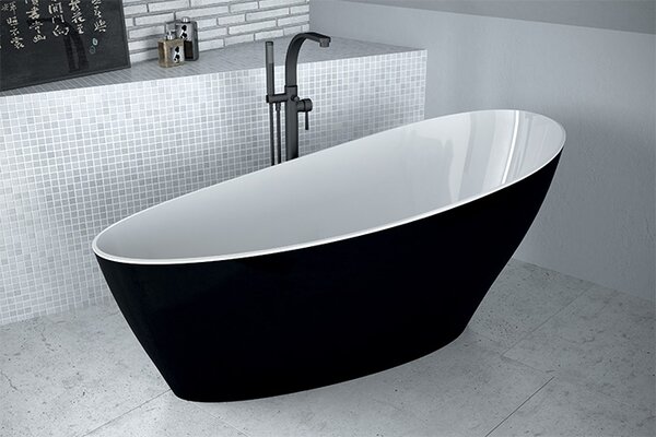Besco Volně stojící vana z litého mramoru Keya BW 165x70 Barva: Bílá/černá, Rozměry (cm): 163,5x70,5, Typ a barva výpustě: Click-Clack s horním čištěním, grafit