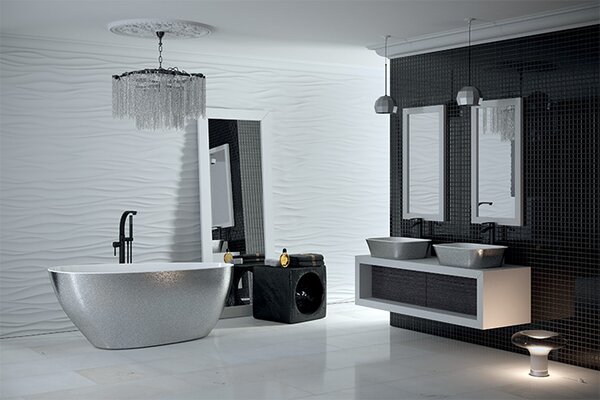 Besco Volně stojící vana z litého mramoru Goya Glam 140x62 (160x70, 170x72) Barva: Bílá/stříbrná, Rozměry (cm): 169,2x72,2