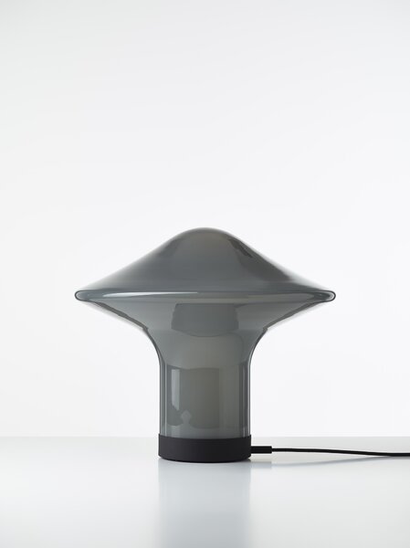 Brokis Designová stolní lampa Trottola table L, PC1324 Povrch Montury: stříbrný elox (CCS1917), Barva skla: opalín (CGC38), Povrchová úprava baldachýnu: kov - černý matovaný komaxit se strukturou (CCSC2674)