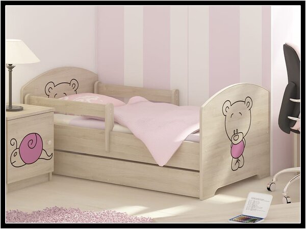 Dětská postel Medvídek 140x70 cm - 2x krátká zábrana bez šuplíku - Růžová