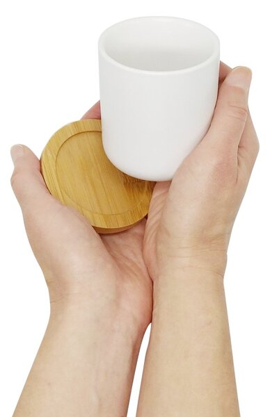 Kameninový hrnek Bredemeijer Umea, bílý, bambusový podšálek, minimalistický, 200 ml