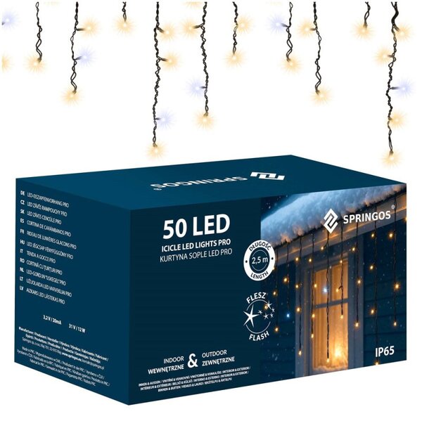 LED krápníky 2,5m, 50LED PRO, IP65, teplá bílá + záblesky