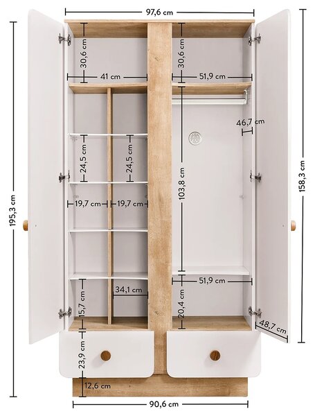 Dětská šatní skříň Ellie - bílá/dub světlý