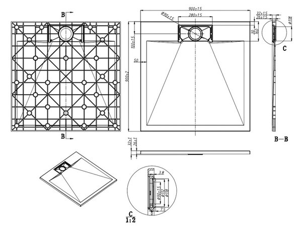BPS-koupelny Čtvercová akrylátová sprchová vanička HYD-SSV-MIKO 90x90 černá