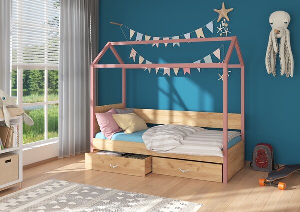 Dětská postel Quido 80x180 cm domeček Růžová/dub zlatý
