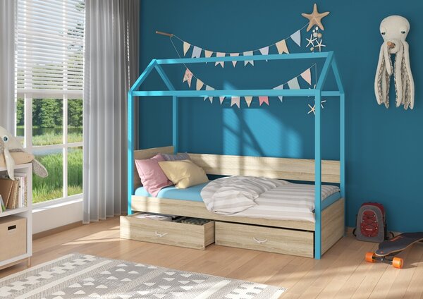 Dětská postel Quido 80x180 cm domeček Modrá/dub sonoma