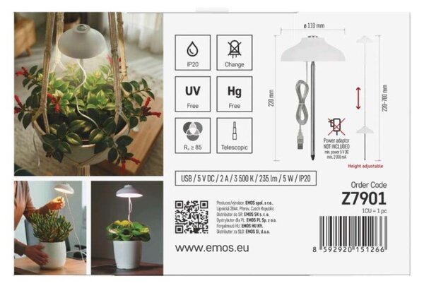 EMOS LED GROW pěstební lampa 5W, časovač, bílá