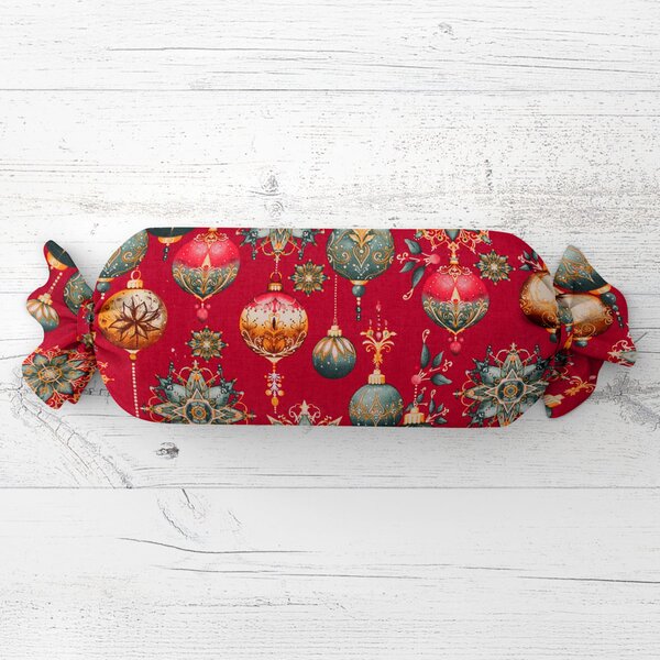 Biante Polštář válec bonbon Sandra SA-528 Vánoční baňky na červeném 15x40 cm