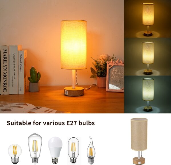 Brilagi - Stolní lampa s USB portem TABLON 1xE27/25W/230V dub/bílá/béžová