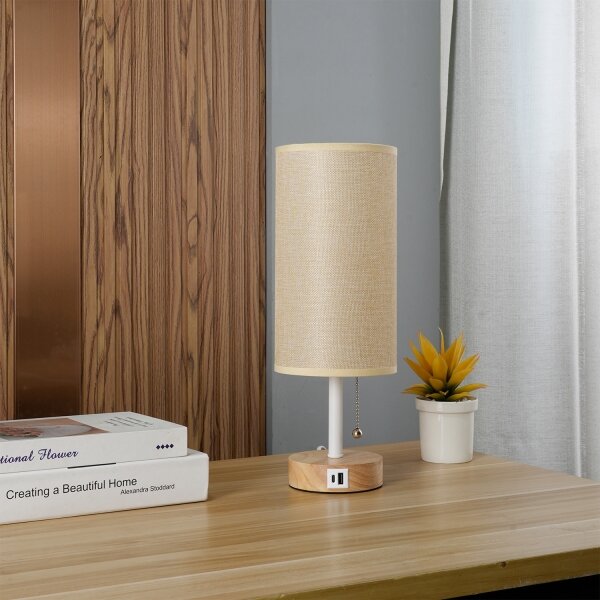 Brilagi - Stolní lampa s USB portem TABLON 1xE27/25W/230V dub/bílá/béžová