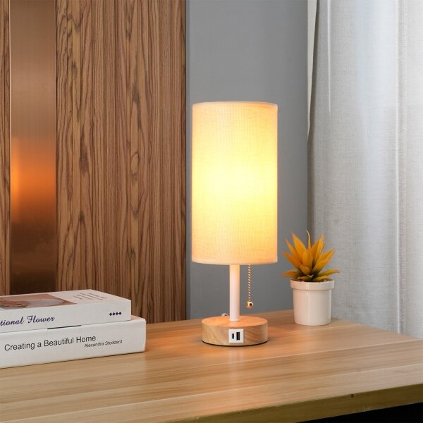 Brilagi - Stolní lampa s USB portem TABLON 1xE27/25W/230V dub/bílá/béžová