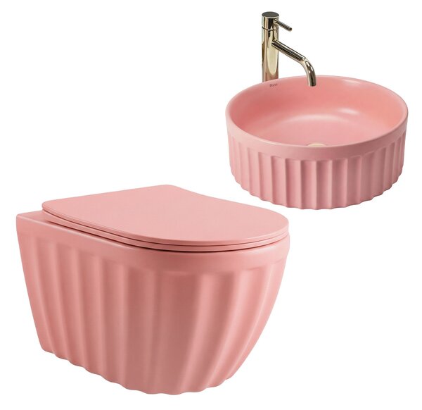 Sada: Závěsná WC mísa + Umyvadlo na desku Rea Duo Sweet Pink Matt