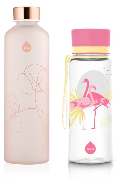 EQUA skleněná lahev Mismatch Bloom 750 ml + Plastová lahev na pití bez BPA Flamingo 600 ml