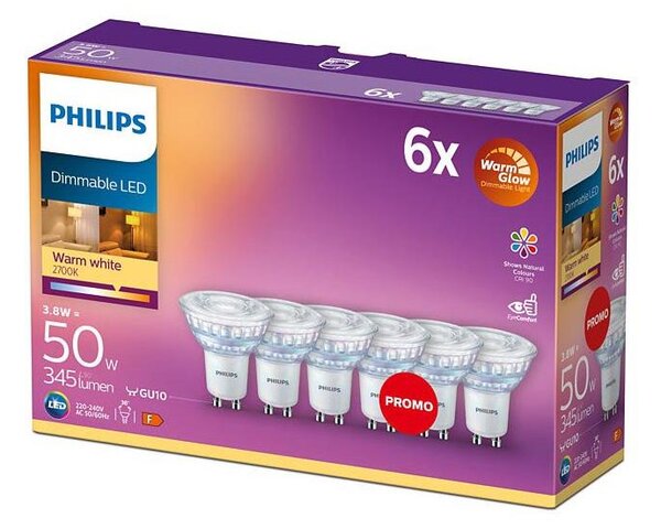 SADA 6x LED Stmívatelná žárovka Philips Warm Glow GU10/3,8W/230V 2200-2700K