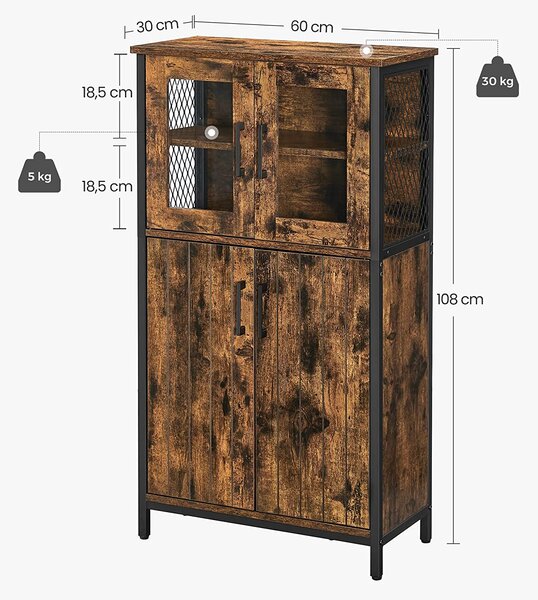VASAGLE Skříňka s vitrínou kovový rám hnědá 60 x 30 x 108