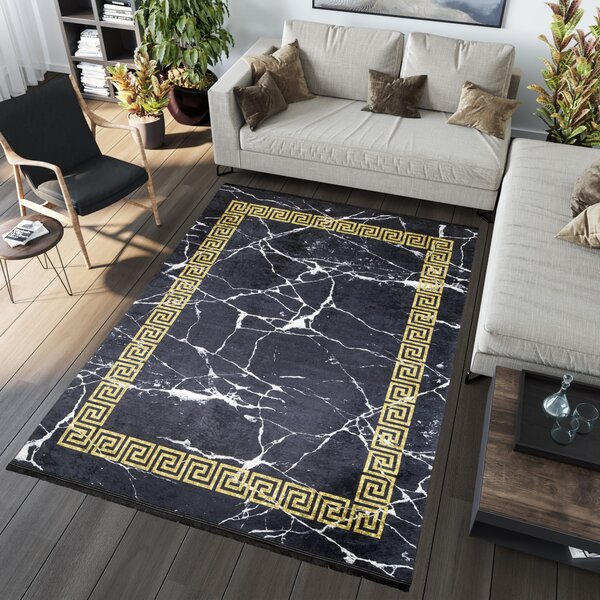 Makro Abra Kusový koberec pratelný TOSCANA 23020 Klasický Mramor pogumovaný černý zlatý Rozměr: 120x170 cm