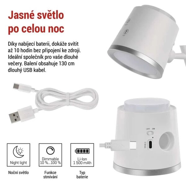 EMOS LED stolní lampa ABBIE, nabíjecí, bílá 1538200300