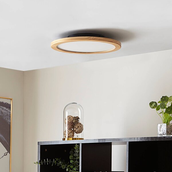 Lucande Stropní svítidlo LED Joren, Ø 38 cm, dřevo, dálkové ovládání, stmívatelný, Světlé dřevo, Obývací pokoj / jídelna, Dřevo, Venkovský / rustikální